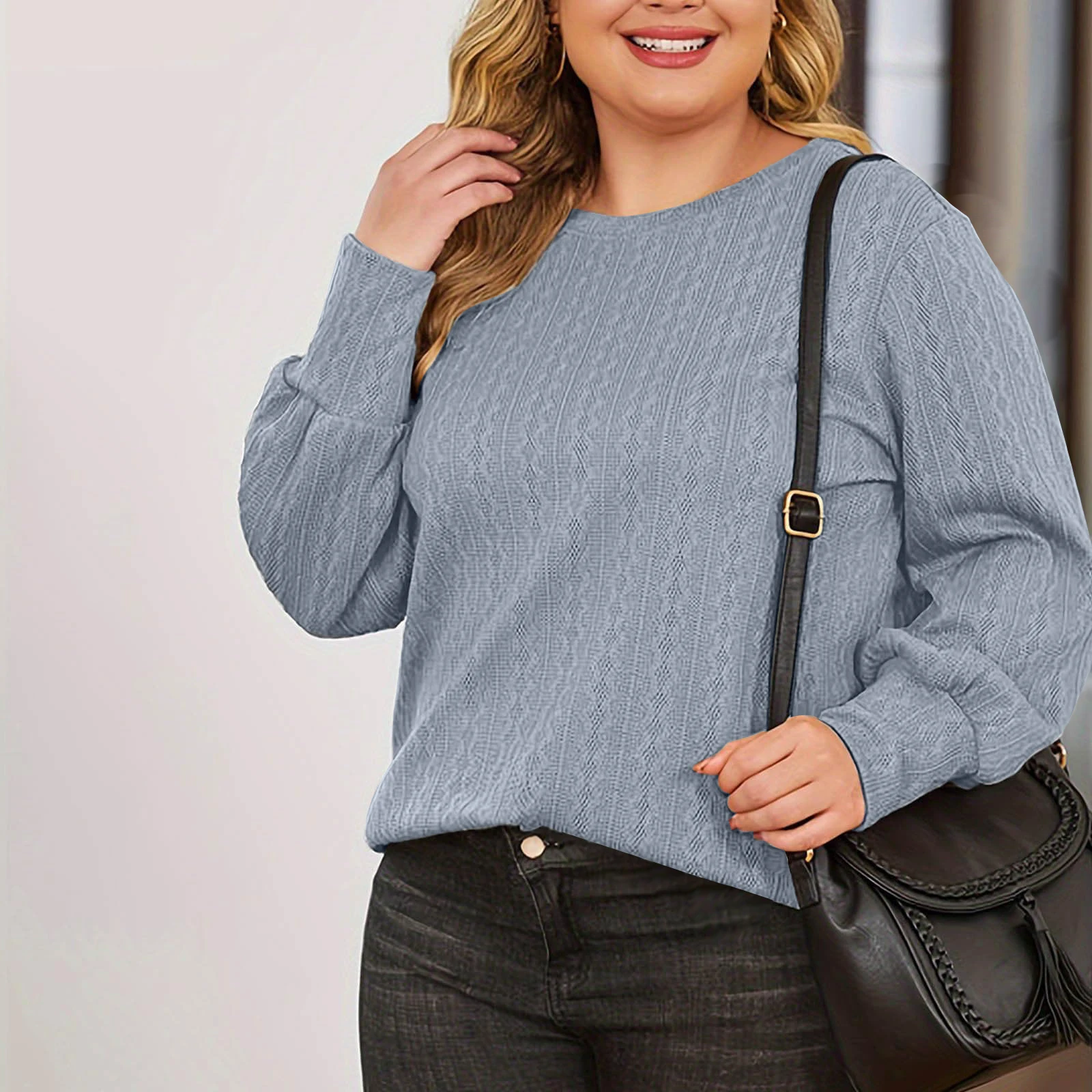 

Plus Size Casual Long Sleeve Pullover Top Women's Spring Autumn Casual Loose Jacquard Knitted T-shirts Daily Female Tops