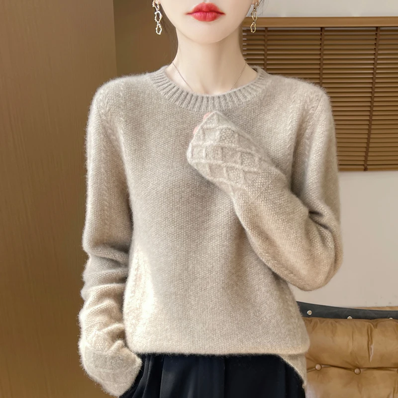 

Women 100% Merino Wool Sweater O-Neck Diamond Jacquard Pullover Autumn Winter Thickened Knitwear Cashmere Long Sleeve Tops