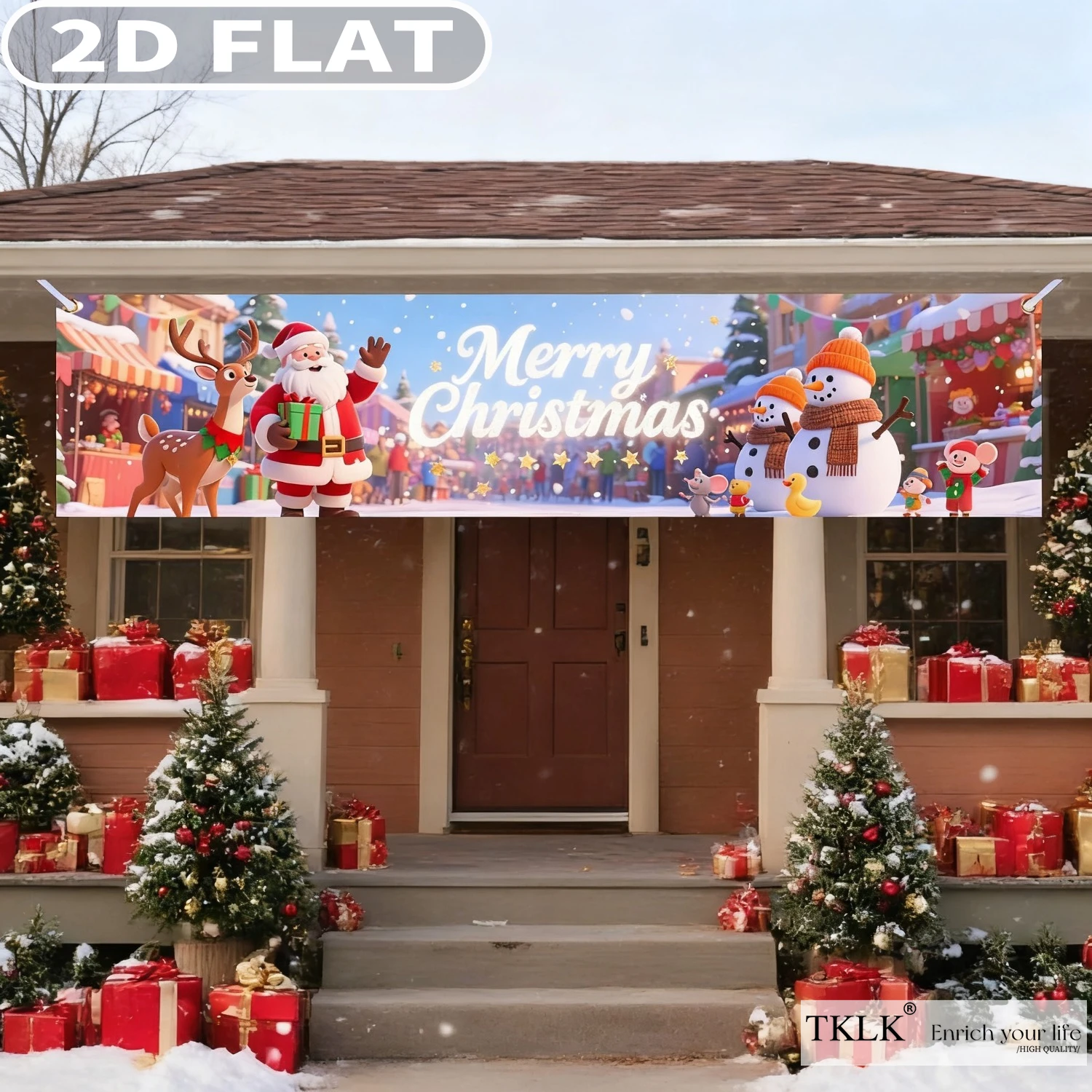 

1pc Large Merry Christmas Banner - 17.7x78.7Inch, Santa’s Colorful Town Greeting with Animal Pals - Holiday Party Decor