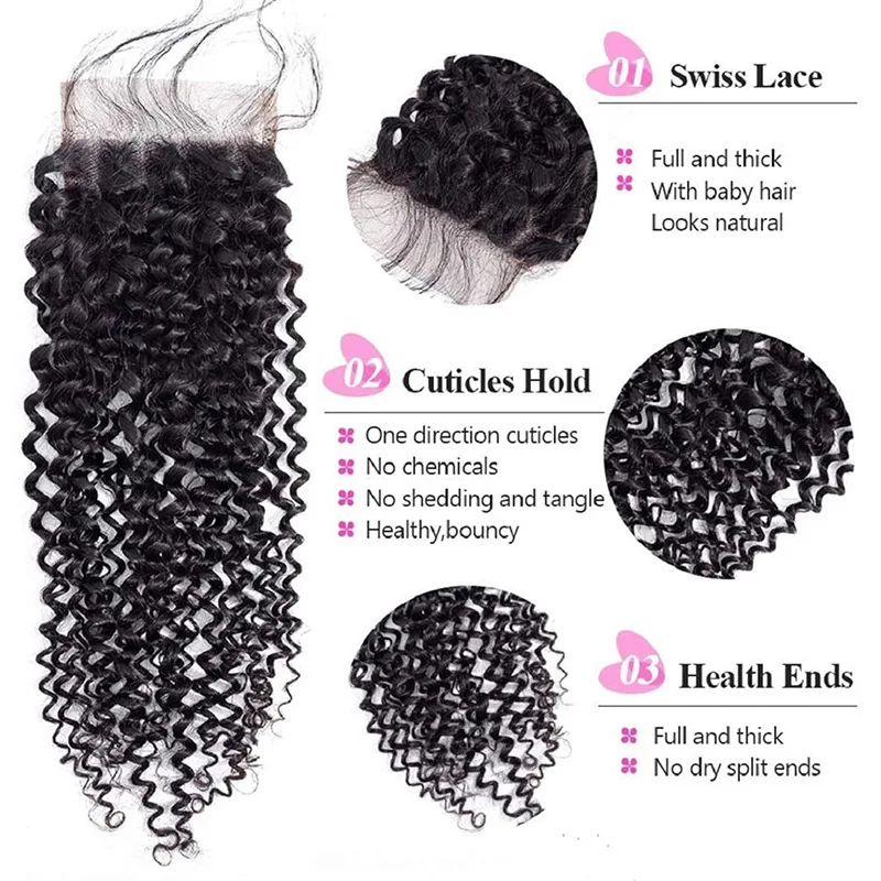 Brazilian Kinky Curly 4x4 Lace penutupan pre-plecked warna alami Remy rambut 10-18 inci Full End transparan Swiss renda