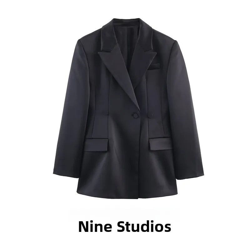 

Casual Pure Color Waist-Cinching Tweed Suit Jaet Women's Faion Commute Warm Long Sve Stand Fit Double Breasted