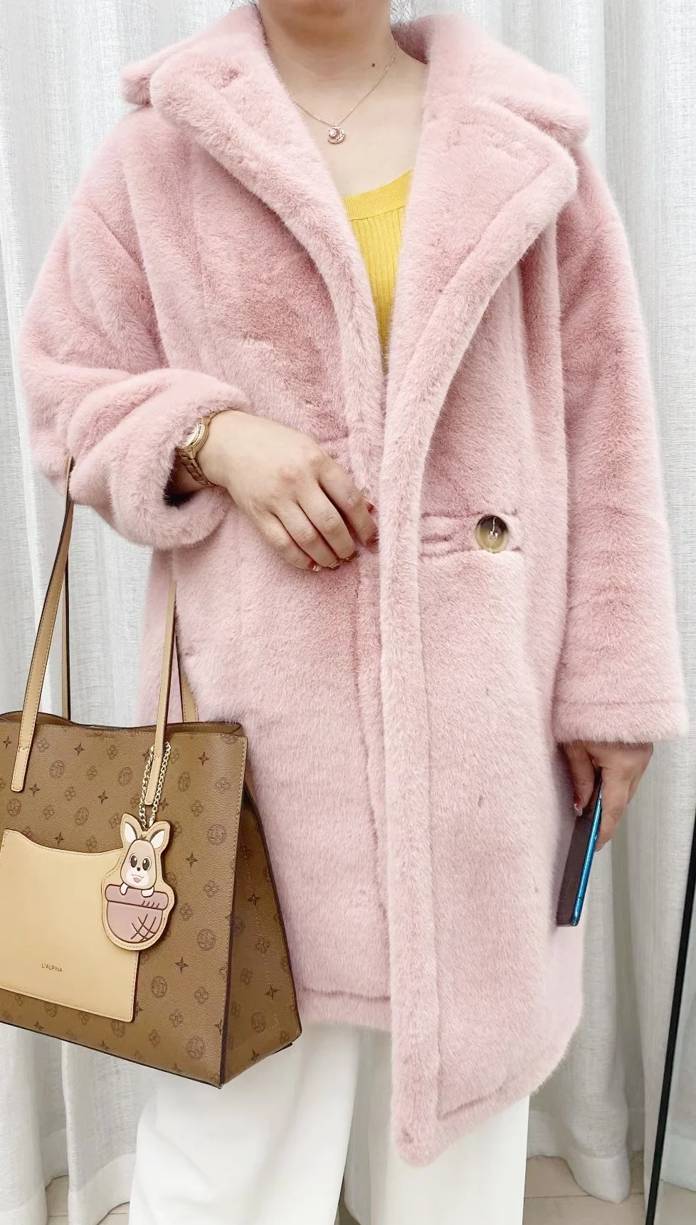 Faux fur coat jacket midi hooded double-breasted thickened warm loose women's coat Fall/Winter 2024 new