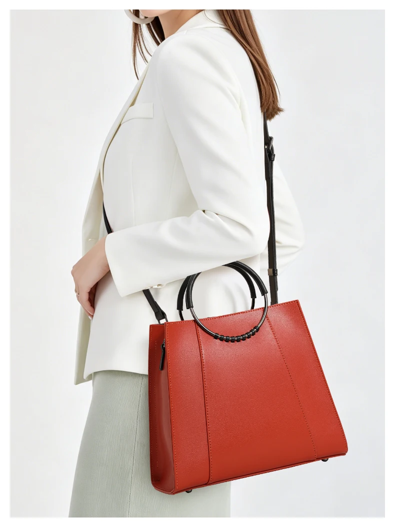 Damen-Handtasche aus Glattleder mit Rundem Ringgriff, Elegante Henkeltasche, Damen-Umhängetasche für Arbeit und Alltag – Detail 2