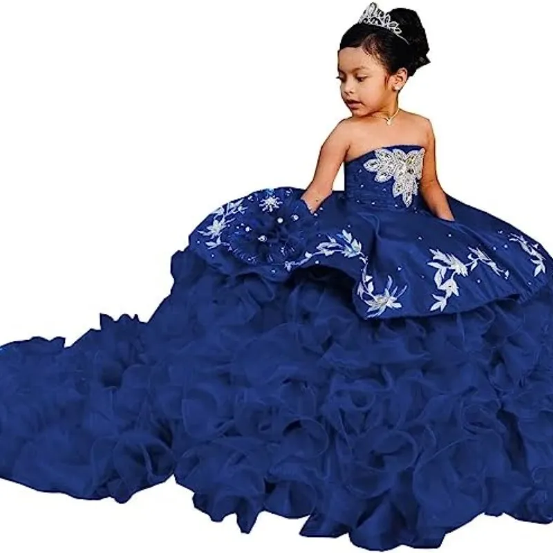 EVLAS Royal Blue Cute Flower Girl Dress For Weddings 2023 Applique Beaded Ruffles Kids Pageant Gown First Communion Dress TFD125