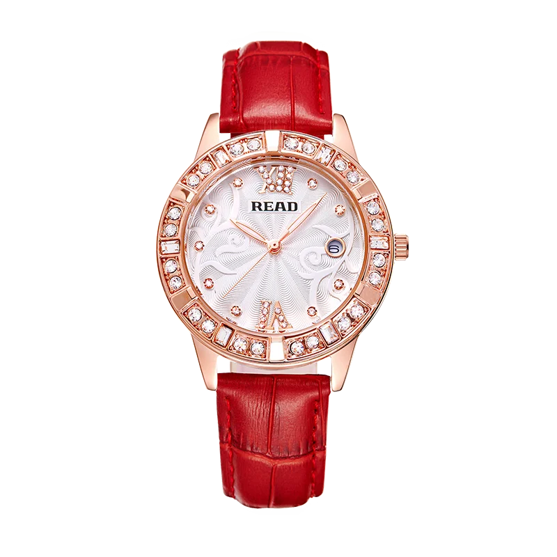 READ Women Analog Quartz Wrist Watch | Date Display | Red Leather Strap | Daily Water Resistant Elegant Ladies Dress Watch