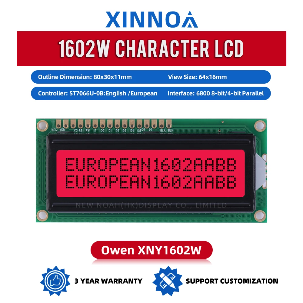 European Red Light Black Letters 1602W Spot Module 64*16MM 16X2 Large Window Voltage 5V 3.3V ST7066U High Brightness LCD Screen