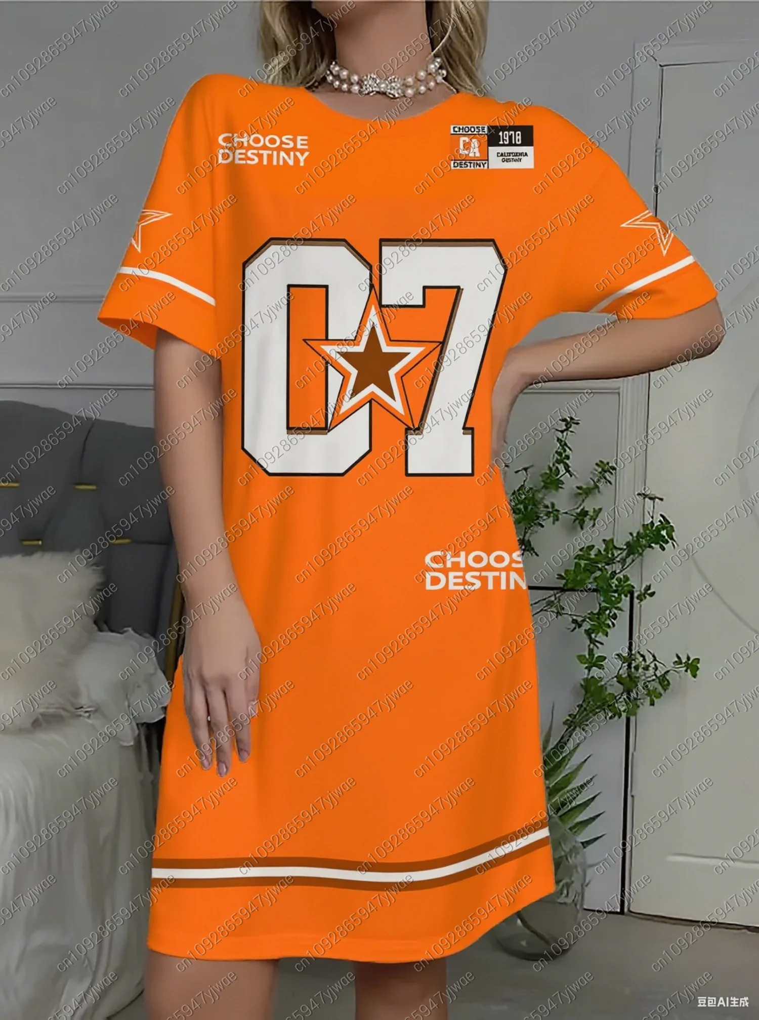 Verão poliéster feminino camiseta vestido solto casual listra no.7 impressão o-pescoço senhora manga curta pulôver vestidos roupas femininas