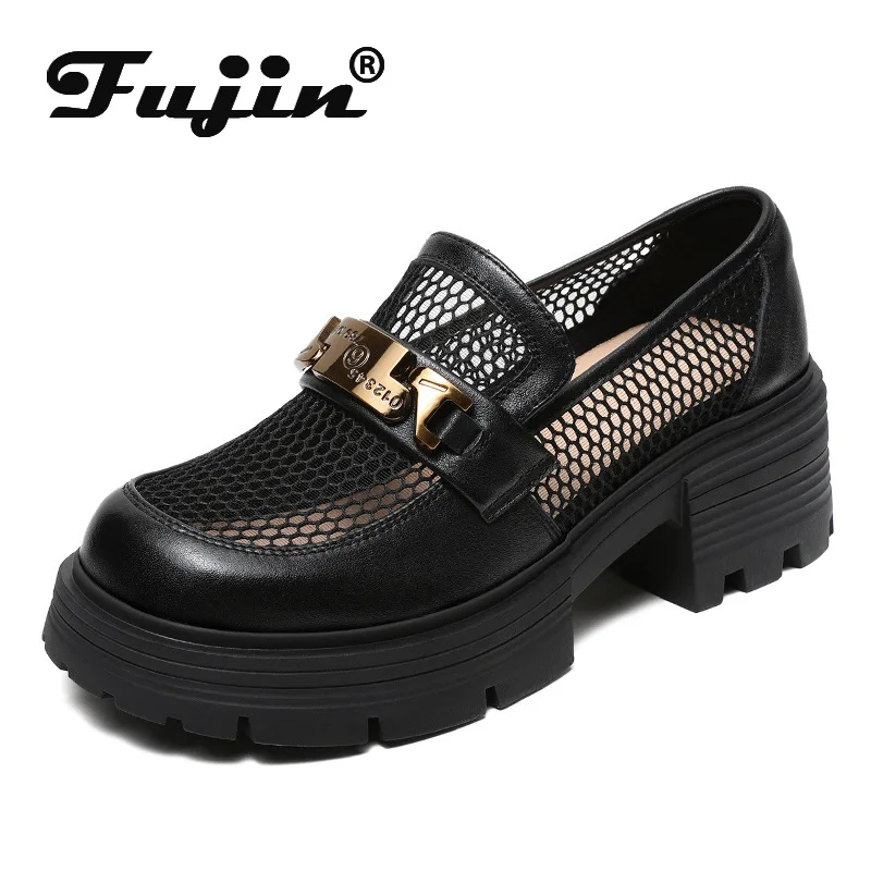 

Koznoy 5.5cm Air Mesh Cow Genuine Leather Mary Jane Ankle Boots Summer Hook Comfy Flats Platform Wedge Women Fashion Shoes