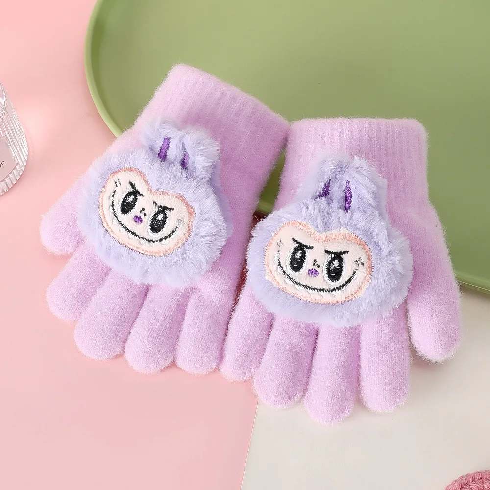 

1 pair Labubu winter cartoon cute plush children's gloves warm thickened five fingers split gloves