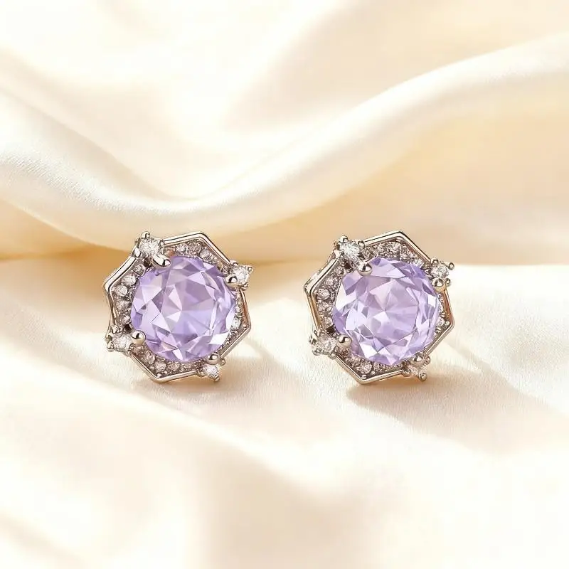 2026 New Fashion Crystal Flower Earrings Pink White Purple Stud Earrings Geometric Silver Color Jewelry For Women Girl Gift