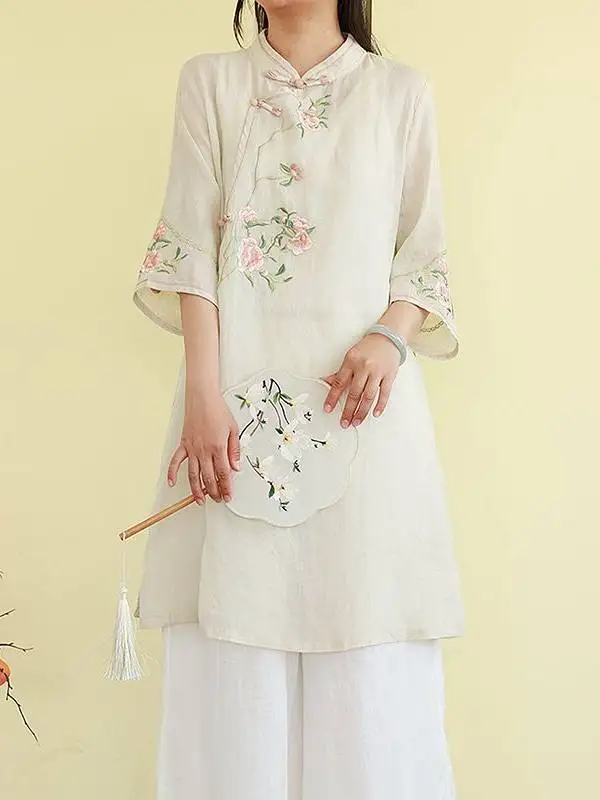 Vintage Traditional Chinese Clothing Hanfu Cotton Linen Shirts Women Summer Loose Embroidered Ethnic  Fairy Dress CN-226