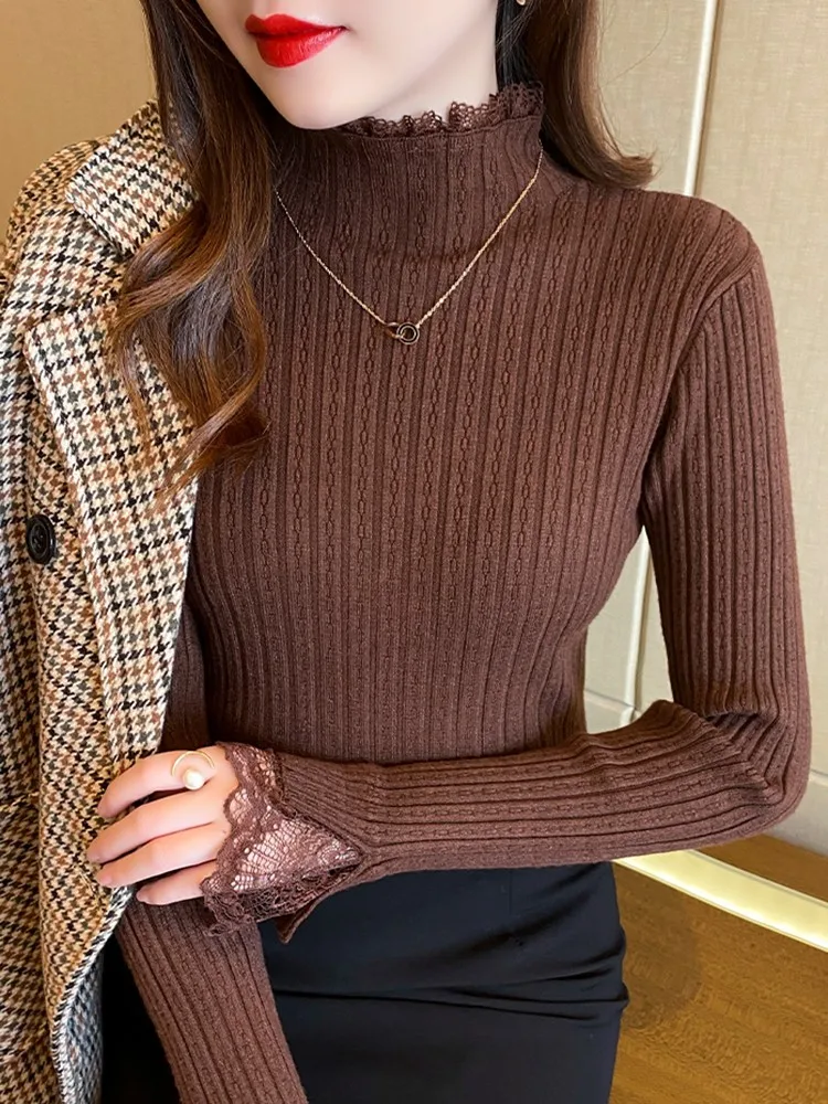 Lace Solid Basic Knitted Women Tops Turtlneck Sweater Long Sleeve Slim Casual Pullover Korean Fashion Simple Chic Clothes