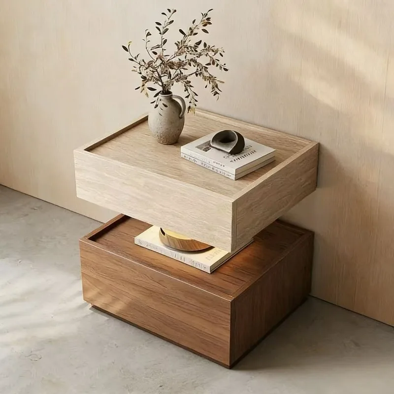 Popular suspended bedside table French solid wood retro light luxury premium bedroom household travertine bedside cabinet locker