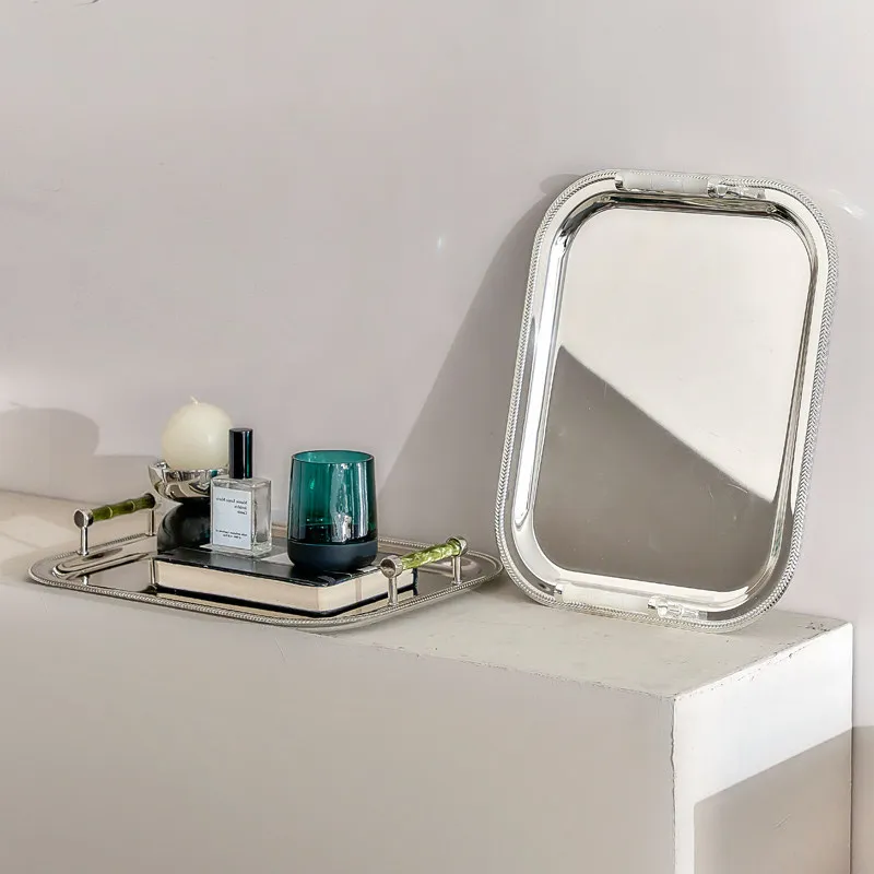 Simple modern metal emerald handle silver rectangular tray for tabletop storage decorative ornaments