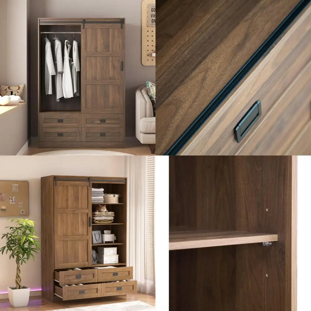 Деревянный шкаф-купе с раздвижными дверцами, ящиками, открытыми полками, высоким стержнем для хранения стильной одежды