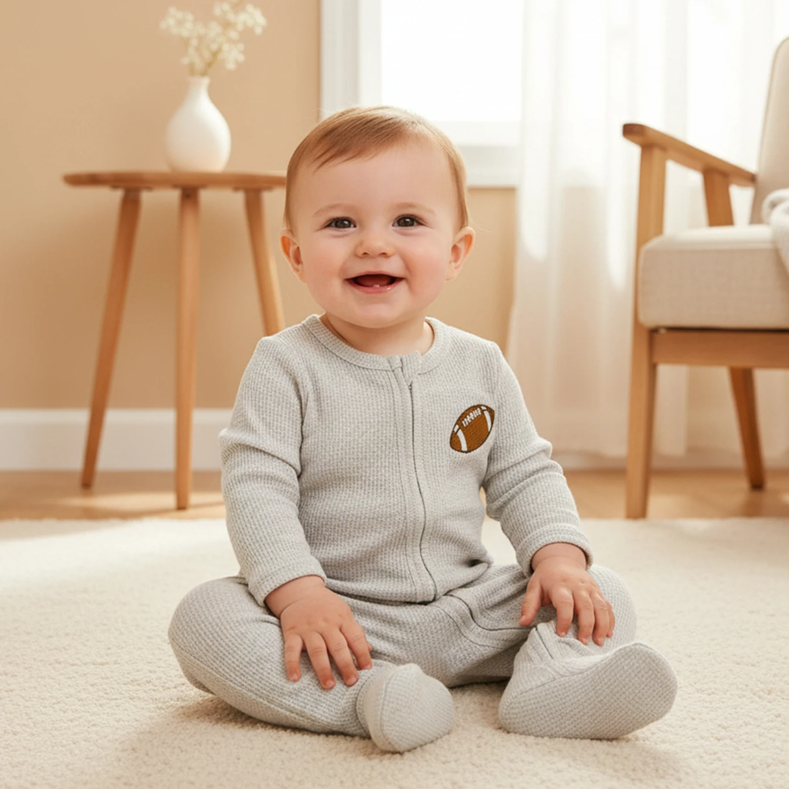 

Newborn Baby Boy Footed Romper Football Embroidery Long Sleeve Round Neck Zip Jumpsuit