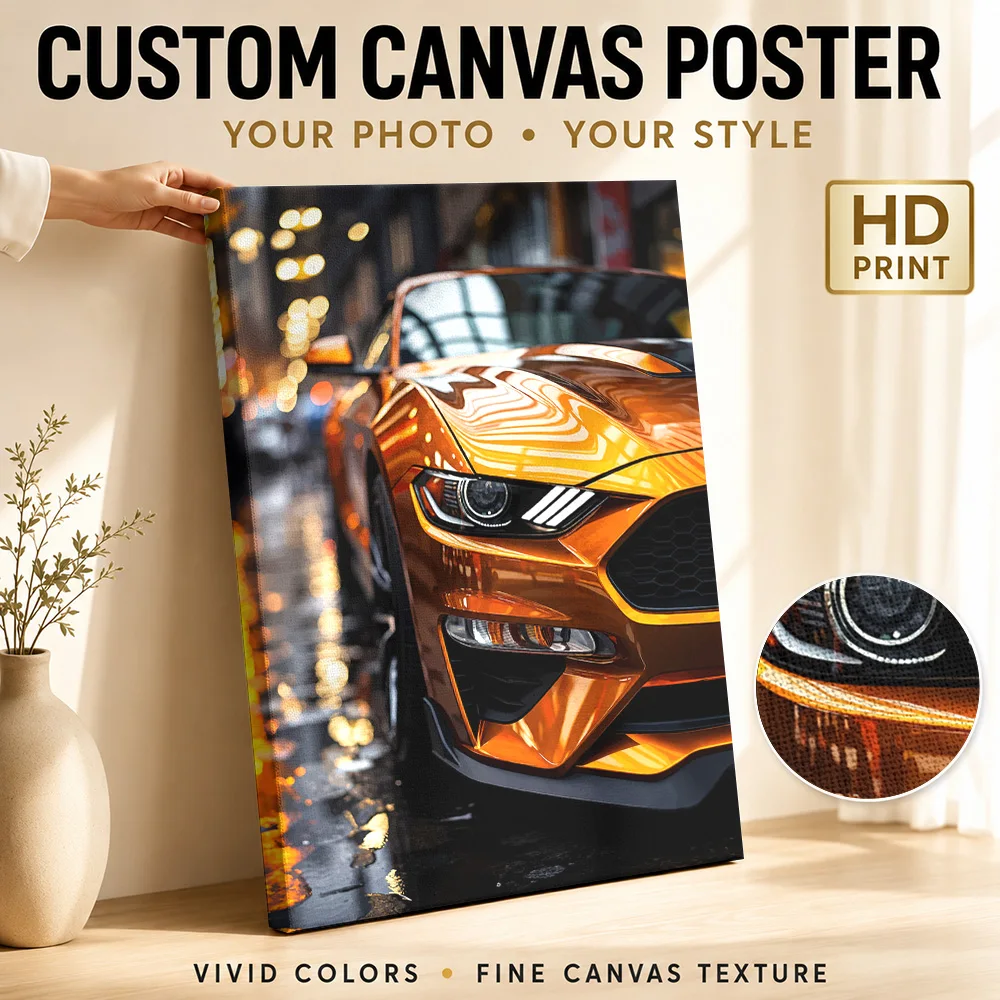 American Mustang Orange Sports Car Framed Canvas Posters Retro Style Wall Art With Customized Photo For Office Ideal Driver Gift