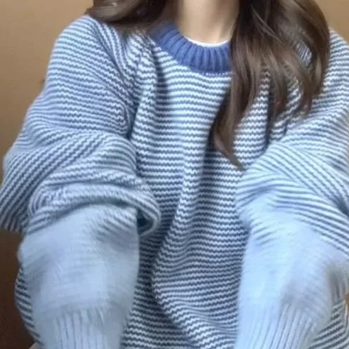 الرجعية الكورية نمط الأزرق سترة المرأة فضفاضة ملابس خارجية جديدة غير رسمية مخطط كتلة اللون الصيف كسول نمط طاقم الرقبة الأعلى