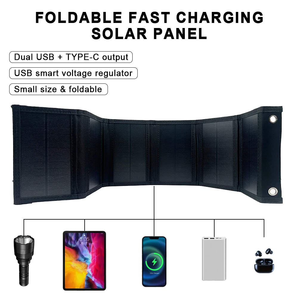 Soecopo 38w portátil saco de painel solar design dobrável usb + tipo-c 5v/2.4a portas acampamento power bank dupla interface carga telefone