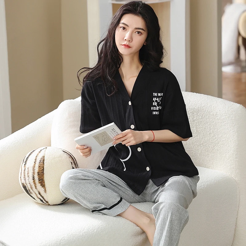 

2 pieces Set Kimono Sleepwear Short Sleeves Sleep Tops Long Pant For Women Cotton Pajamas Set pyjama pour femme pijama feminino