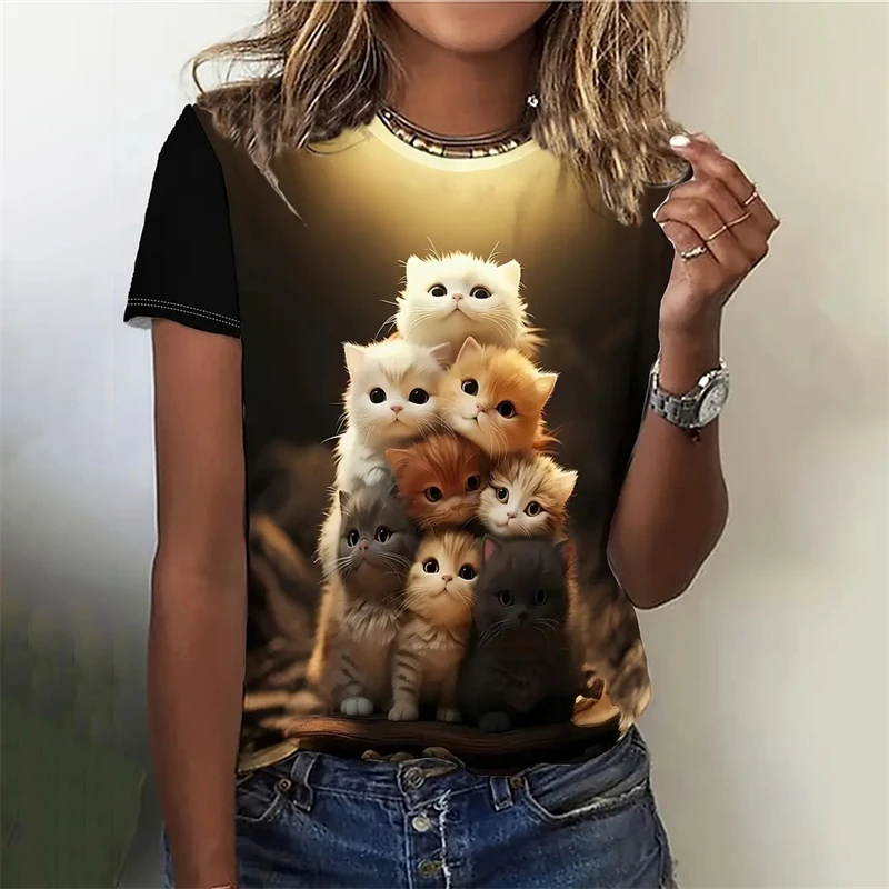 Women's T Shirt Cartoon Animal Print T Shirt Casual O-Neck Short Sleeve Streer Female Summer Loose Tee Tops Girls Y2k Clothing