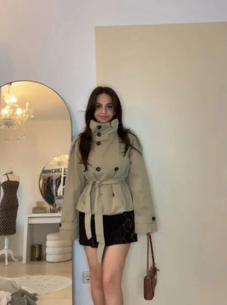 Trench corto da donna con cintura in vita |   Giacca vintage con colletto rialzato doppio petto |   Cappotti capispalla casual chic da donna