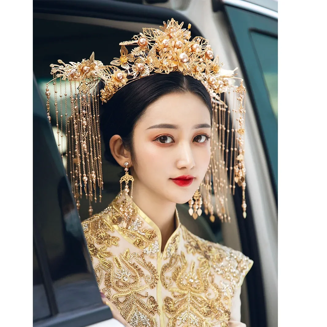 15 Styles Chinese Traditional Luxury Bridal Headdress Elegance Vintage Golden Red Pearl Flower Long Tassels Wedding Accessories