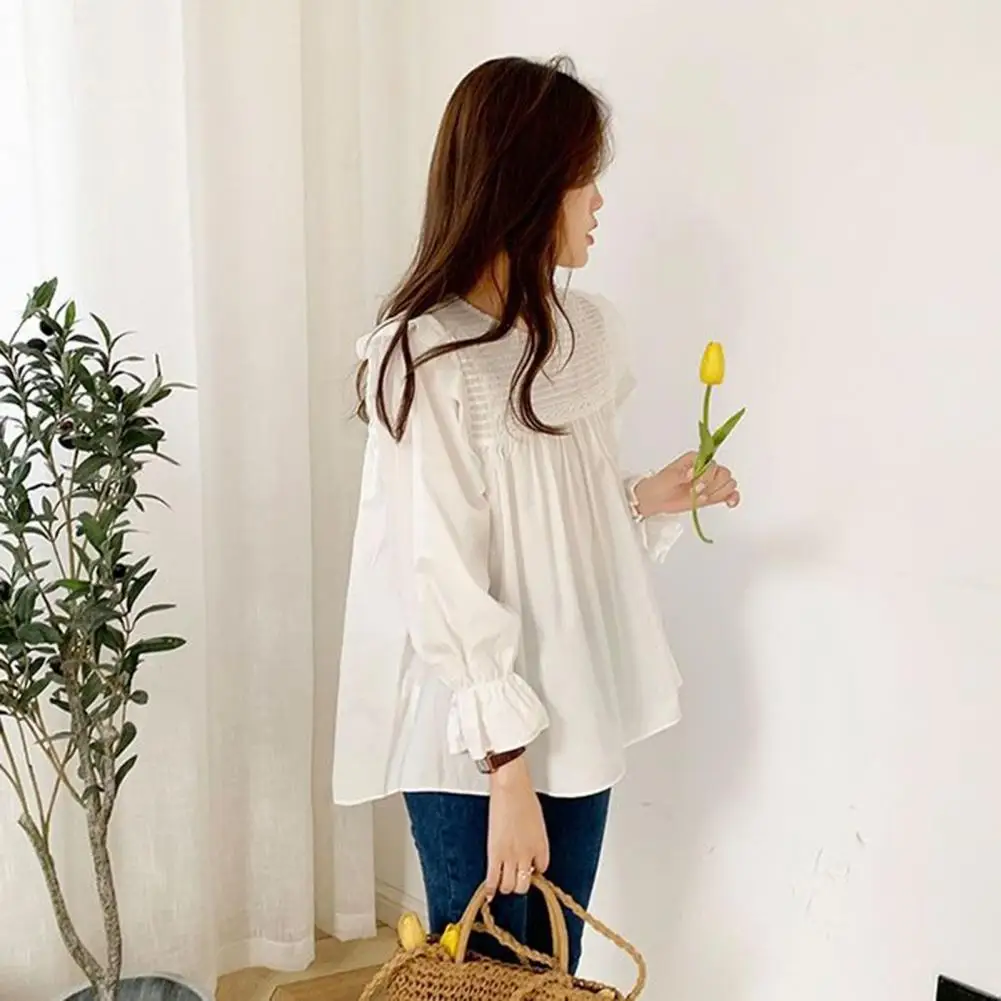 Top elegante con volantes para mujer, Blusa de manga farol, Jersey holgado, camisa de Color sólido, opción de uso elegante