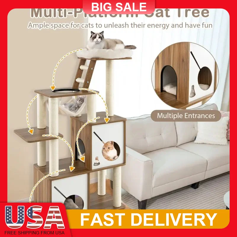 

57 Inch Large Cat Tree for Indoor Cats Multi Level Tower with Scratching Posts 2 Condos Perch Hammock Ladder Anti Tip Stable