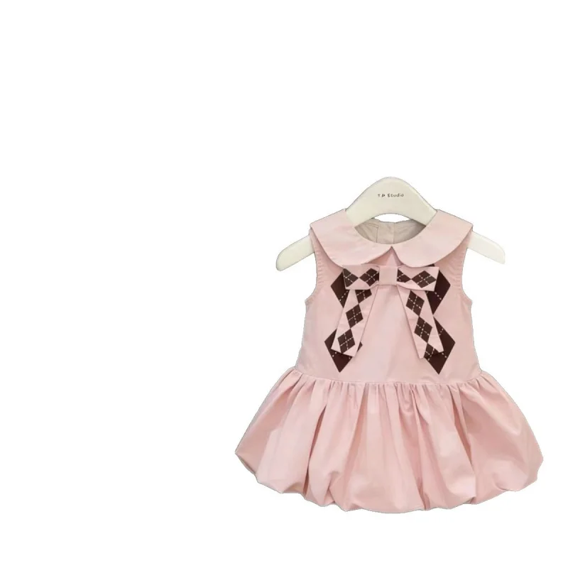 Sweet pink plaid college-style bud dress for baby girls, stylish sleeveless dress
