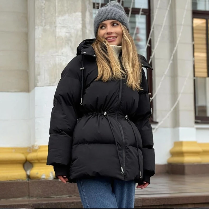 

TARUXY Women's Hooded Cotton Clothes Coat Waist Drawstring Stand Collar Zipper Leisure Jacket Winter Keep Warm Cotton Clothes