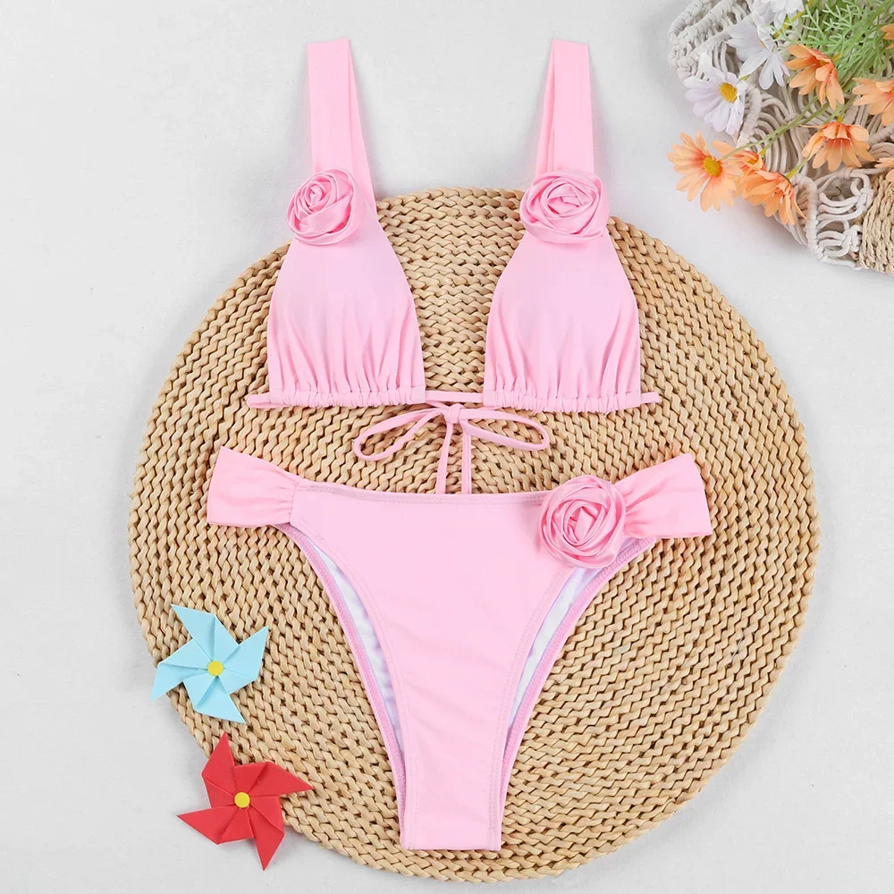 Bikini de flores con tirantes anchos para mujer, traje de baño con espalda descubierta, bañador Floral de dos piezas con realce, ropa de playa, trajes de baño