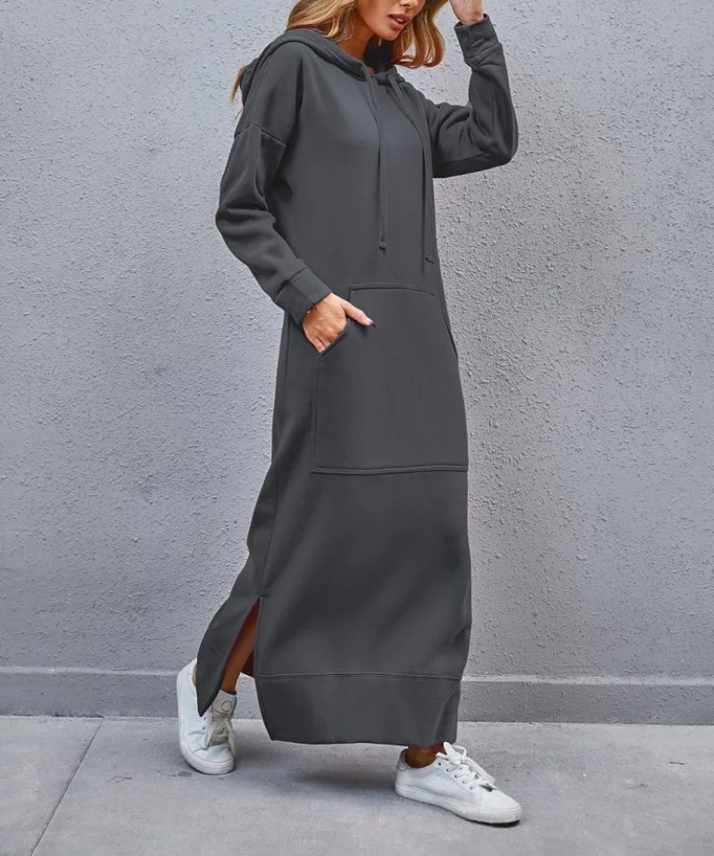 Hoodies Dress for Women Fashion  2024 Hem Lace-up Midi Robe Hooded Long Vestidos Winter Warm Casual Loose Sweatshirt Dress