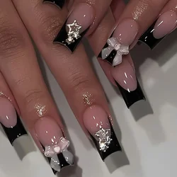 24 pçs unhas falsas com cola borboleta design longo caixão bailarina francesa unhas falsas cobertura completa dicas de unhas acrílicas imprensa em unhas