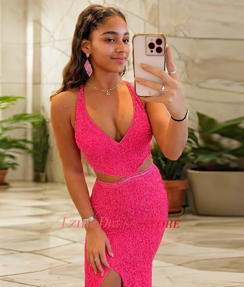 Personalizado sexy lantejoulas miçangas pérolas sereia vestido de noite delicado sem mangas halter até o chão فatuur evimavera