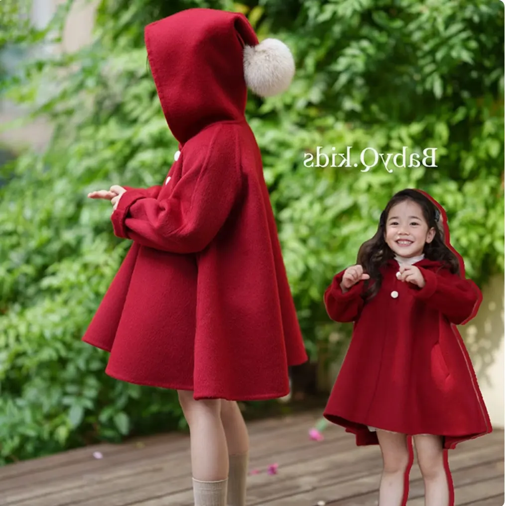 Girls' Coat Pointed Hat Woolen Material Fleece Thickened Cape Top New Year 2025 Winter Clothing New Children's Clothing