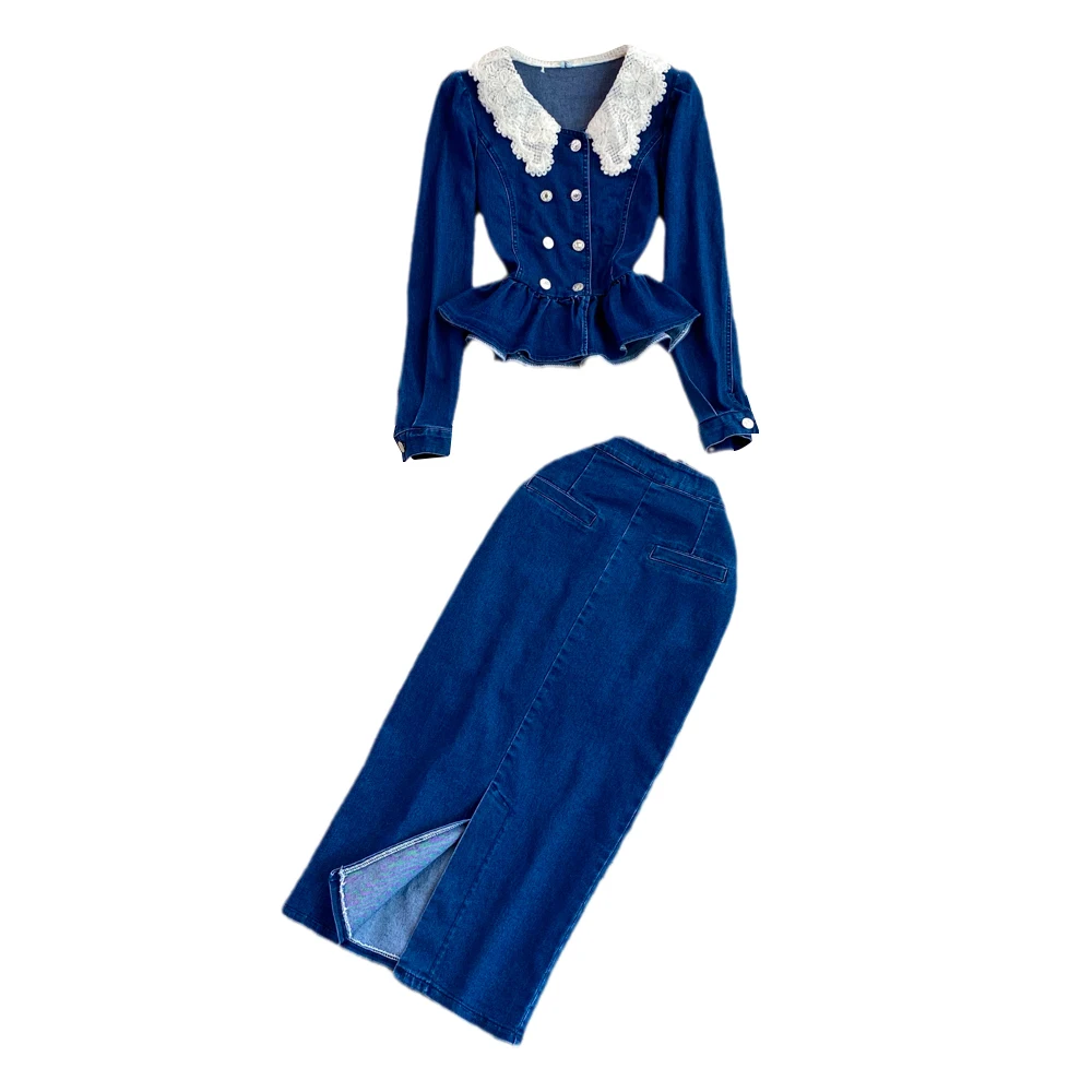 النساء الدنيم 2 قطعة مجموعات سترة تنورة دعوى التنانير الطويلة معطف بيتر بان طوق مزدوجة الصدر وتتسابق غسلها الحلو فرقة 2025