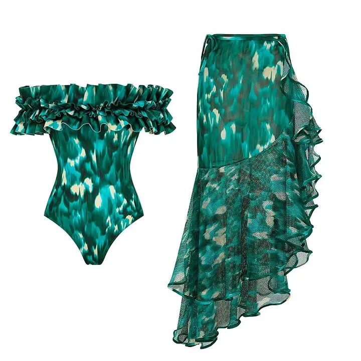 

FLAXMAKER Bandeau Ruffled Green Blooming Print One Piece Swimsuit and Mesh Splicing Sarong Women Beachwear Luxury Bathing Suit