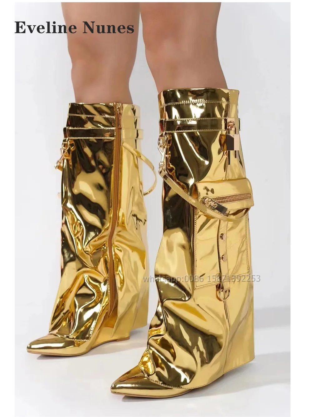 

Gold Padlock Pocket Zip Booty Pointed Toe Wedges Turned-Over Edge Women Knee High Boots Patchwork Solid Runway Show Shoes Sexy