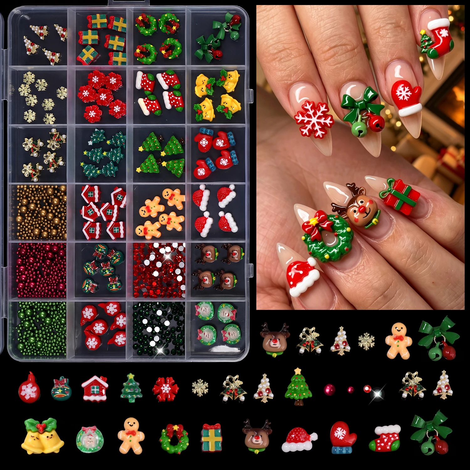 12/24grids Mixed Christmas 3D Resin Santa Hat Gingerbread Tree House Nail Charms With Gold&Silver&Red Round Bead Xmas Nail Parts