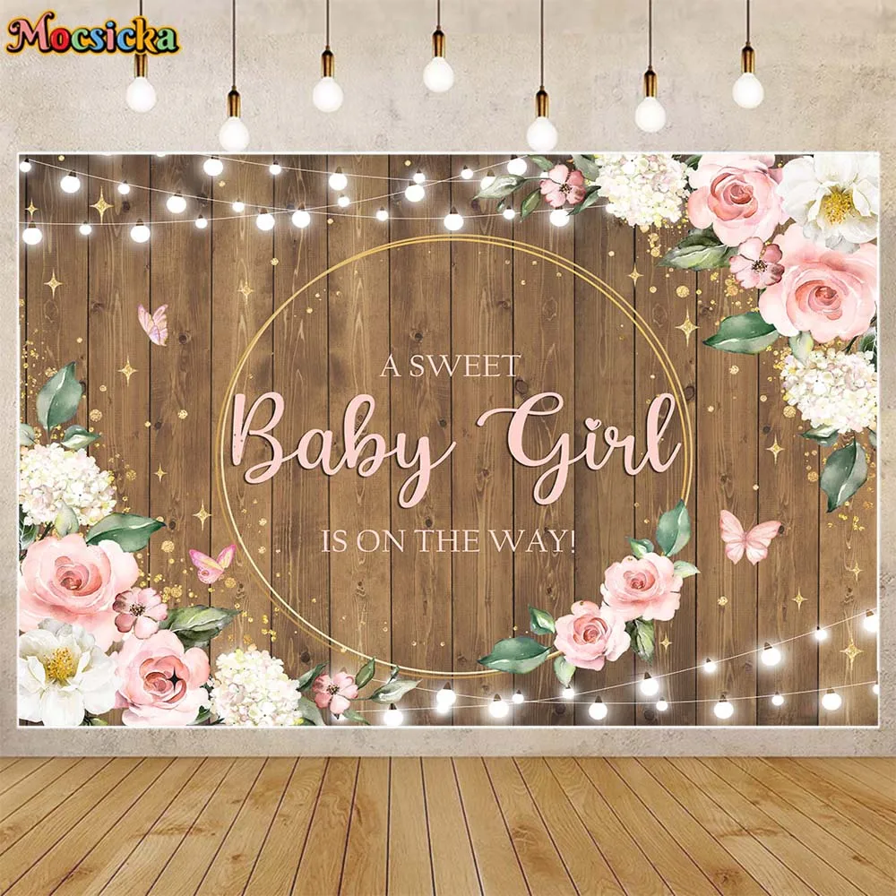 

Mocsicka Baby Shower Backdrop Girl Welcome Party Decoration Wooden Photo Background A Sweet Baby Girl Is On The Way Banner Props