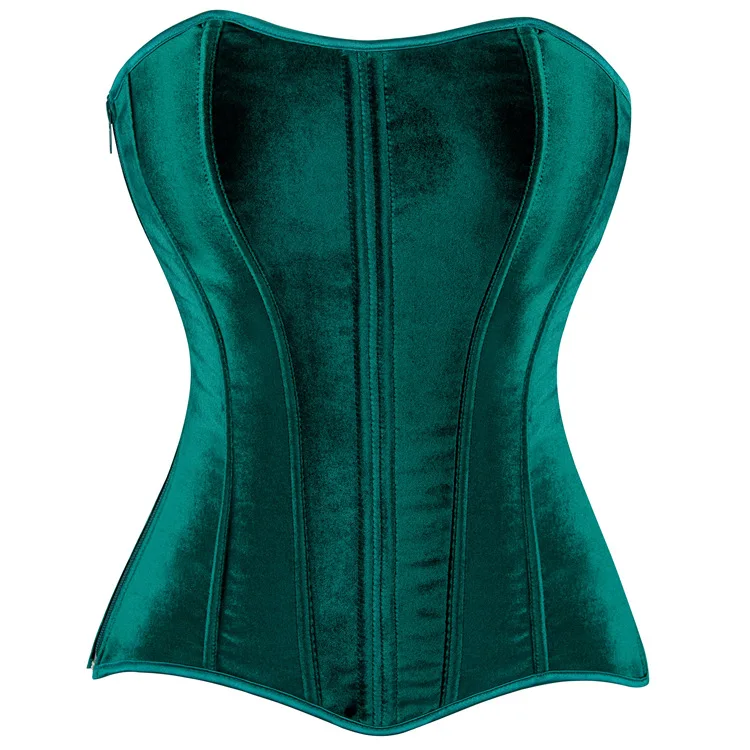 Green Velvet Overbust Corset Top for Women Lace-Up Side Zipper Waist Bustiers Body Shaper Lingerie Long Torso Corselet Mujer