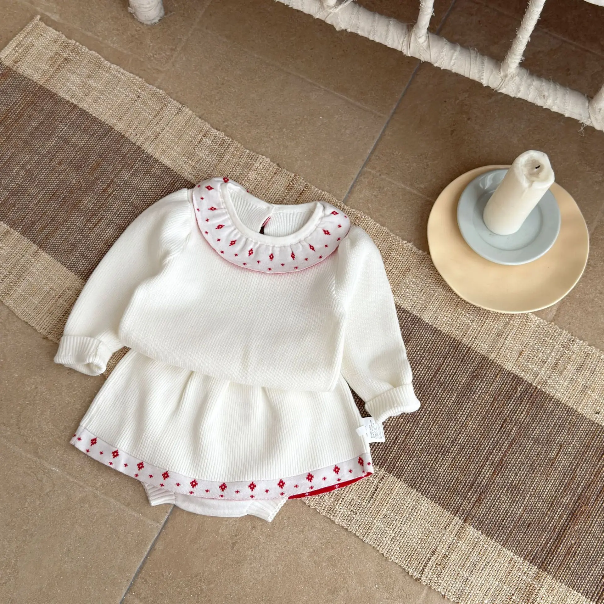 Baby Girl's Simple Skirt Set For Autumn And Winter, Knitted Ruffle Collar Long Sleeved Top+Pants Skirt Two-Piece Set
