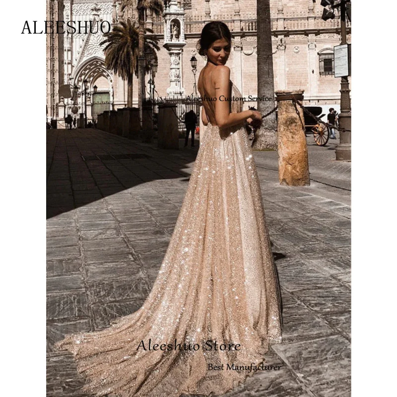 Aleeshuo Exquisite Sequin Lady Prom Dress Spaghetti Strap Evening Dress A-line V-Neck Folds Party Dress فساتين سهره فاخره