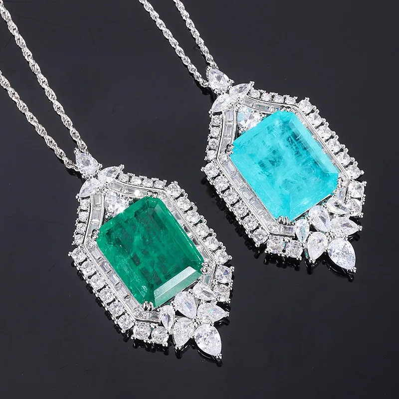 

OANA S925 Silver Hot Sale Simulation Emerald Paraiba Square Large Pendant Jewelry Free Shipping