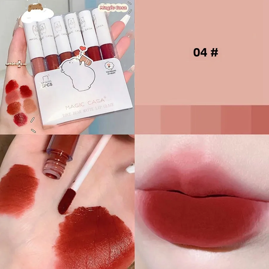 6pcs/Set Love Bear Velvet Matte Lipgloss Lip Tint Mud Nawilżający zestaw kosmetyków do ust zawiera pomadę do ust Lip Glaze Lip Stick & Lip Gloss