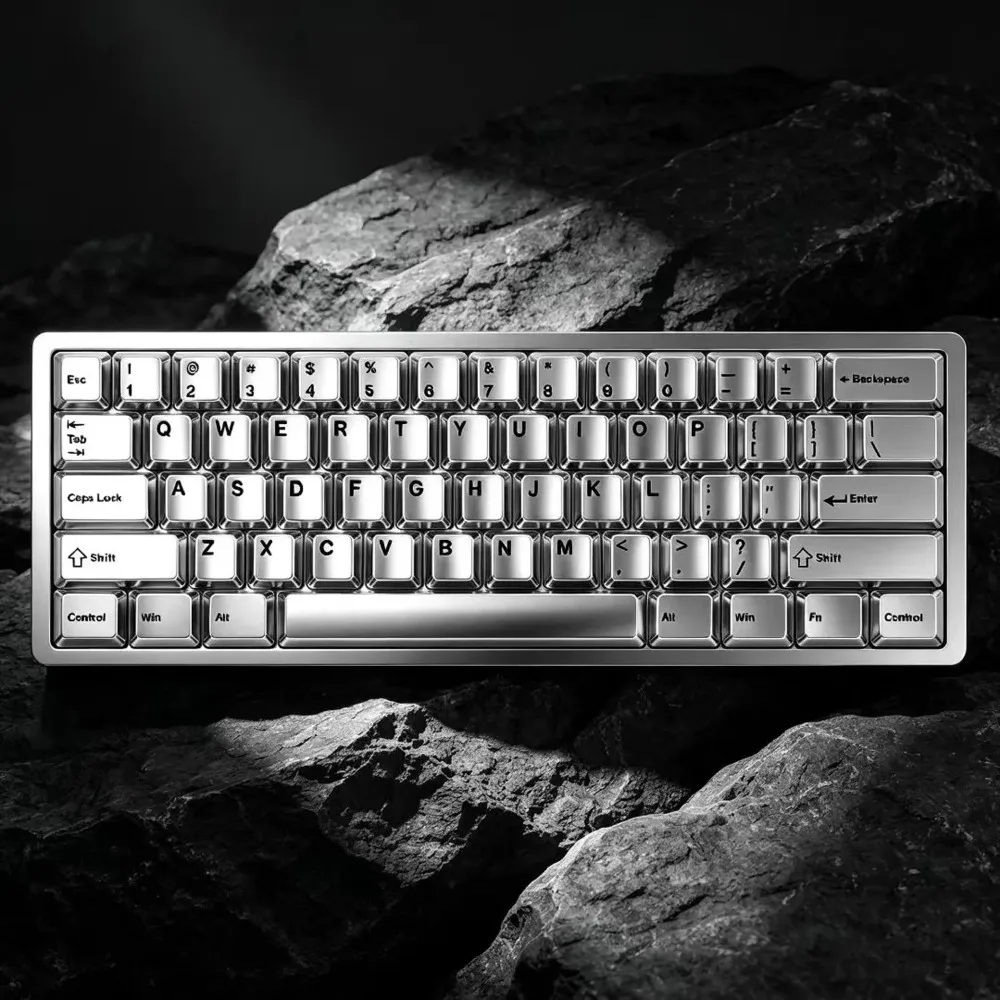 Silver Metal Texture Keycaps, Metallic Paint Cherry Profile, Minimalist Style, PC Material UV Printing, 115 Keys