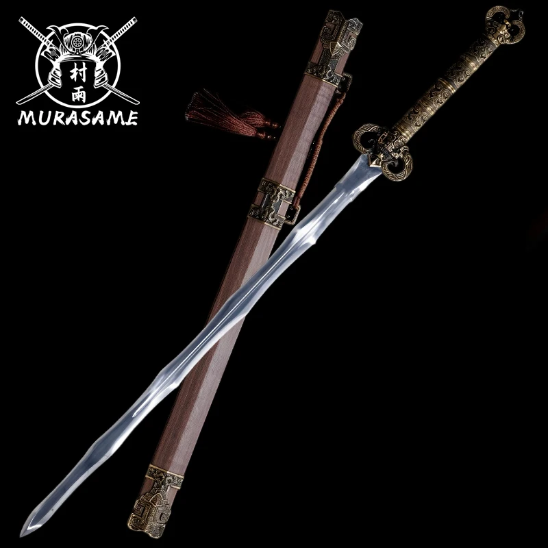 Chinese Jian Wavy Manganese Steel Blade Ornate Bronze Fittings Solid Wood Wrapped Leather Scabbard Collectible Decorative Sword