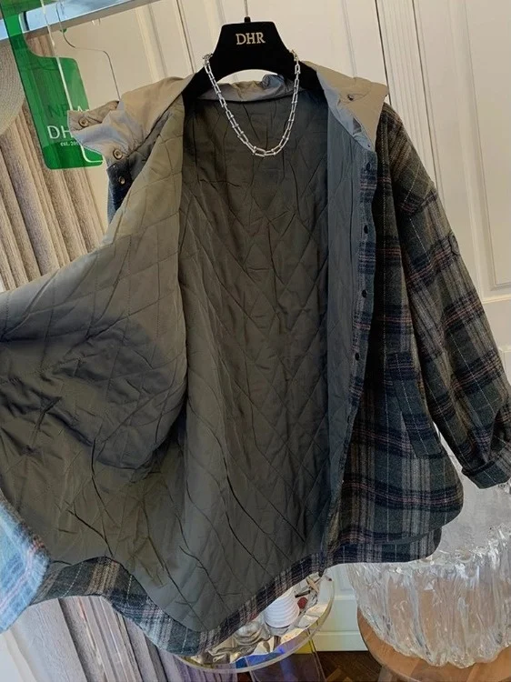 فريد منقوشة الصوفية مقنعين عادية القطن Jaet فضفاضة تناسب Thiened طويلة Sve Ladylike Commute Sle معطف الشتاء المرأة