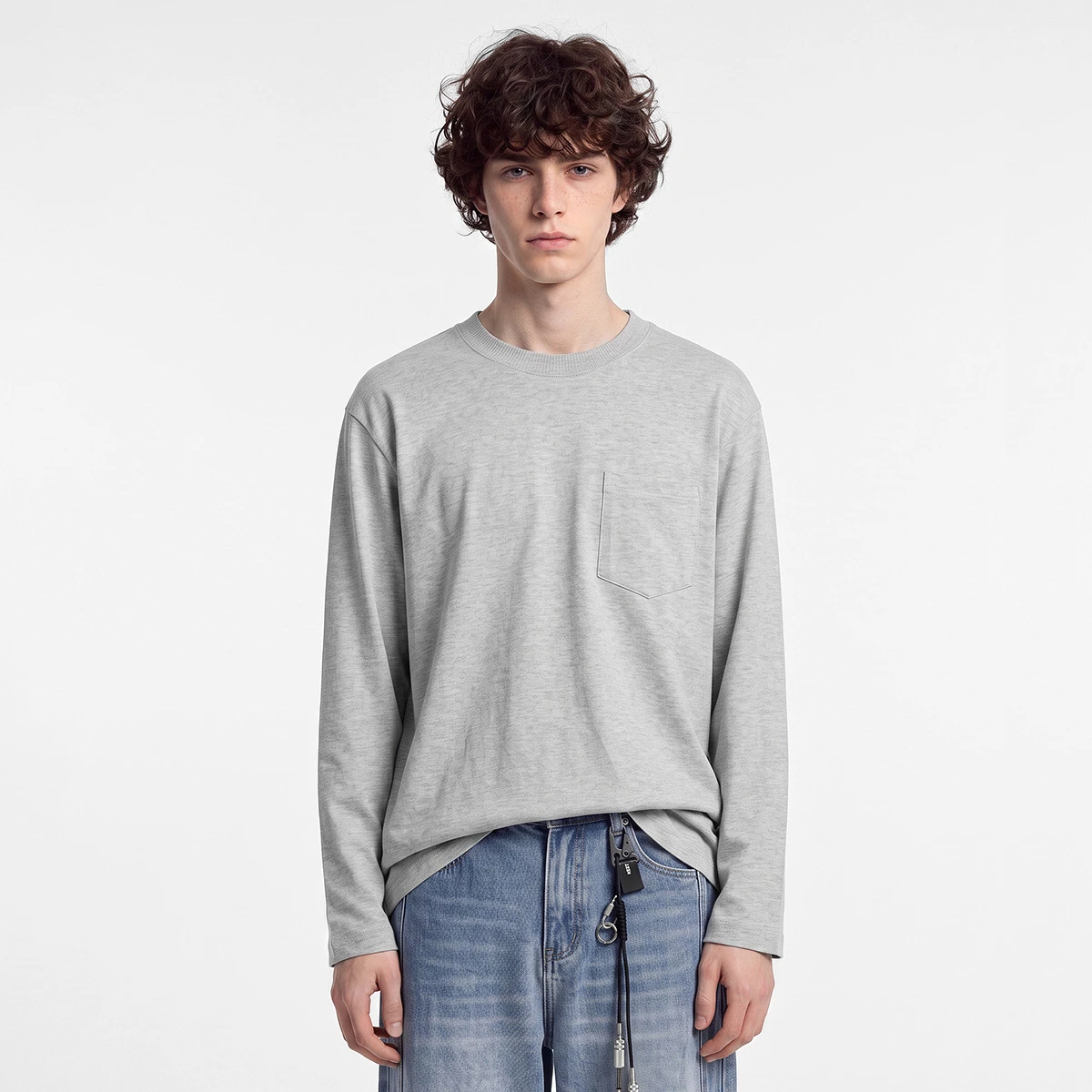 Men's Cotton Long Sleeve Round-Neck Solid Color Knit T-Shirt with Chest Pocket Loose Inner Outer Top Autumn Pullover